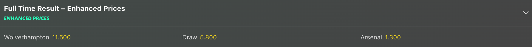 Screenshot of Bet365 Enhanced Match Result Wolves v Arsenal